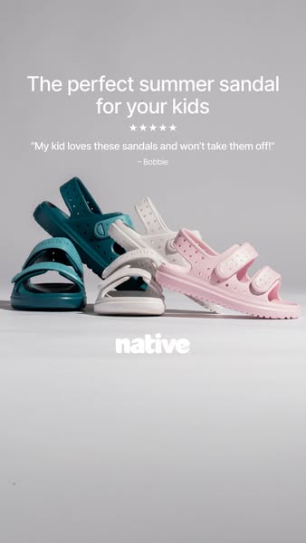 An image ad for Native brand kid's sandals showing three different color variations with a quote from a satisfied cu