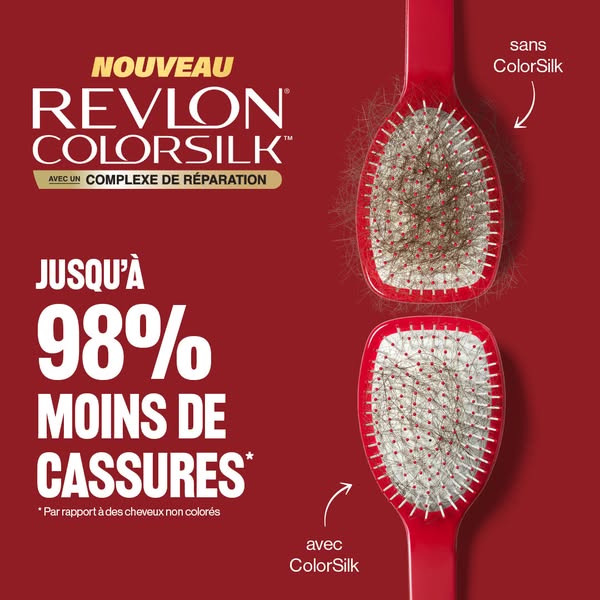 This image ad for Revlon ColorSilk hair color compares hairbrushes that are used to brush hair that has not been colored