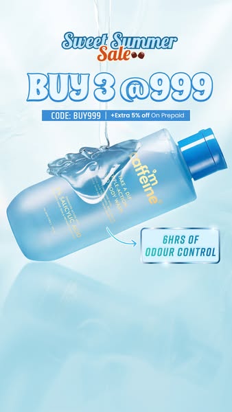 This image ad promotes a sale for 'mCaffeine's' Salicylic Acid Body Wash, highlighting its odor control prop