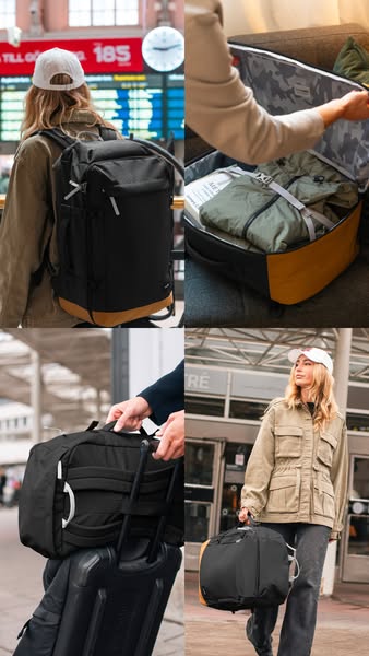 This ad uses a four-panel split screen design to showcase a black backpack in various travel scenarios. Each panel featu