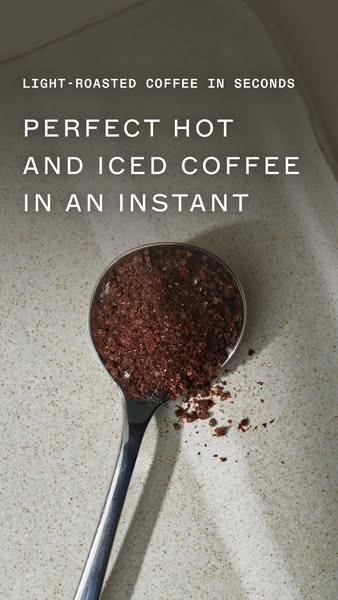 This ad showcases instant coffee crystals on a spoon, emphasizing the speed and ease of making both hot and iced coffee.
