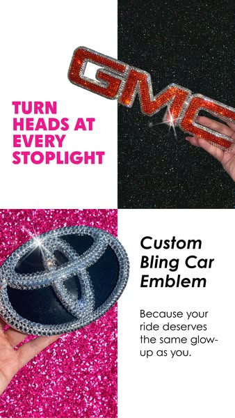 This image ad features two custom bling car emblems, one for GMC and one for Toyota, with the headline "Turn heads 