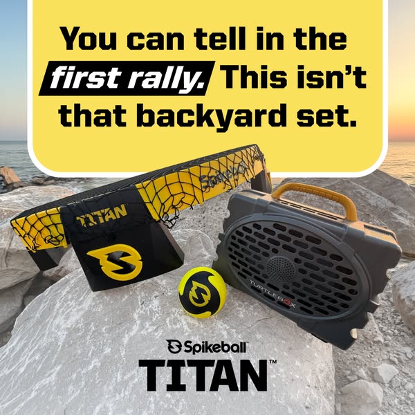 This ad is for Spikeball Titan. The ad calls out that this product is more advanced than the basic Spikeball set, and it