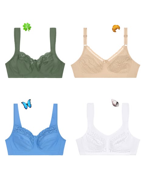 This image features four different bras in various colors on a white background, each adorned with an emoji. The creativ