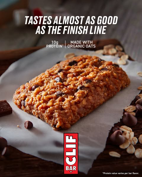 This ad features a close-up shot of a Clif Bar, emphasizing its taste and ingredients. The headline suggests it's a 
