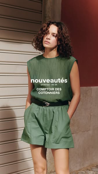 A fashionable woman in a green matching set is featured in an ad for Comptoir des Cotonniers.