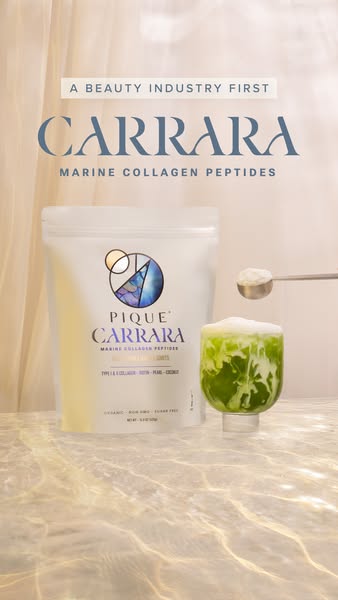 This ad showcases Pique's Carrara Marine Collagen Peptides, highlighting it as a beauty industry first. It emphasize