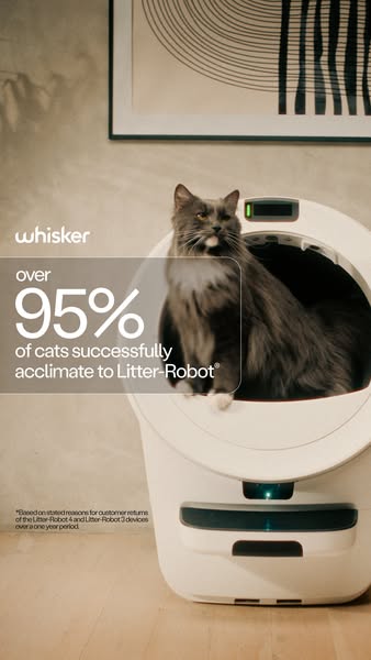 This ad for Whisker's Litter-Robot highlights the high success rate of cats acclimating to the product, aiming to re