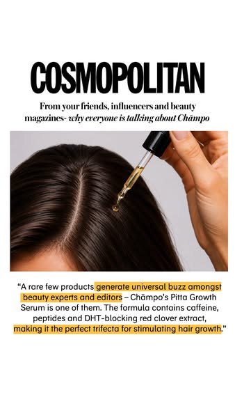 An ad promoting Champo hair growth serum, featuring a quote from Cosmopolitan magazine.