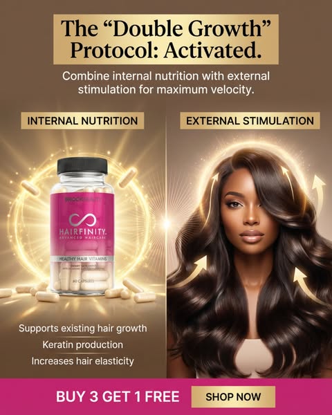 This image ad for Hairfinity vitamins uses a split-screen layout to highlight the dual approach of internal nutrition an
