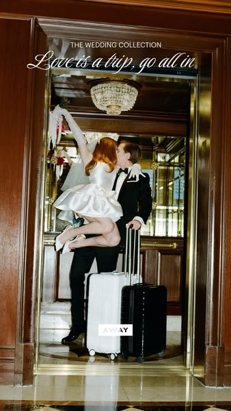 This image ad from AWAY features a newlywed couple celebrating their wedding in what appears to be a fancy hotel, with t