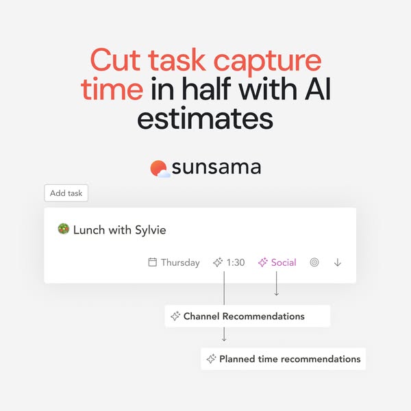 The image ad showcases how Sunsama uses AI to cut task capture time in half. It presents a simple task list with a task 