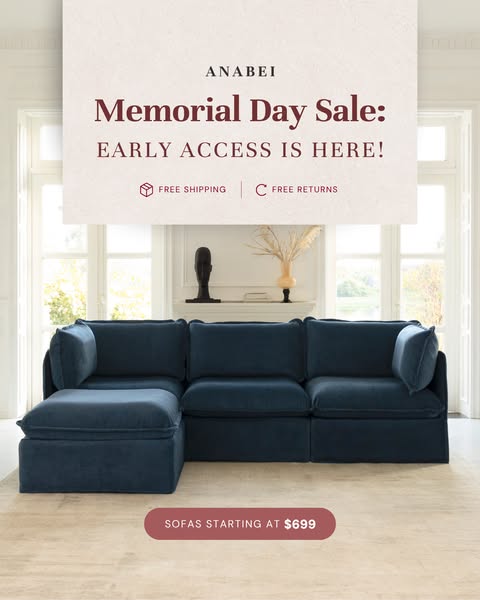 This image ad promotes a Memorial Day sale on sofas from Anabei. The ad highlights early access to the sale, free shippi
