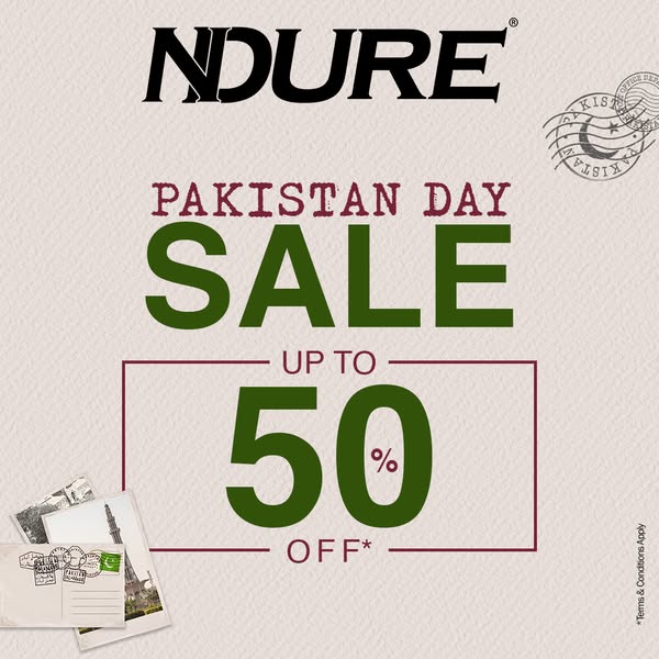 The ad features the brand NDURE, advertising a Pakistan Day Sale. The sale offers up to 50% off. The design includes ima