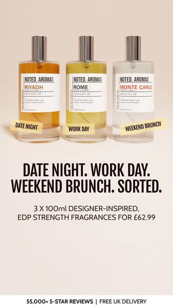 This ad features three bottles of Noted. Aromas fragrances, each associated with a different occasion: Date Night, Work 