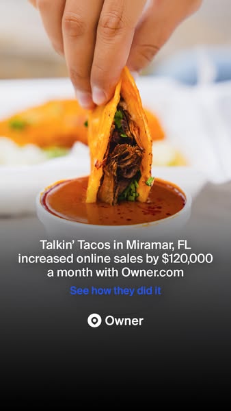 The ad shows a hand dipping a taco into a sauce, while the ad copy highlights that Talkin' Tacos in Miramar, FL incr