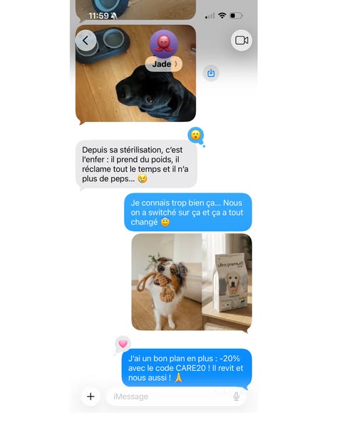 This ad is a screenshot of an iMessage conversation between two people about a dog food brand called "Ultro Prem.&q