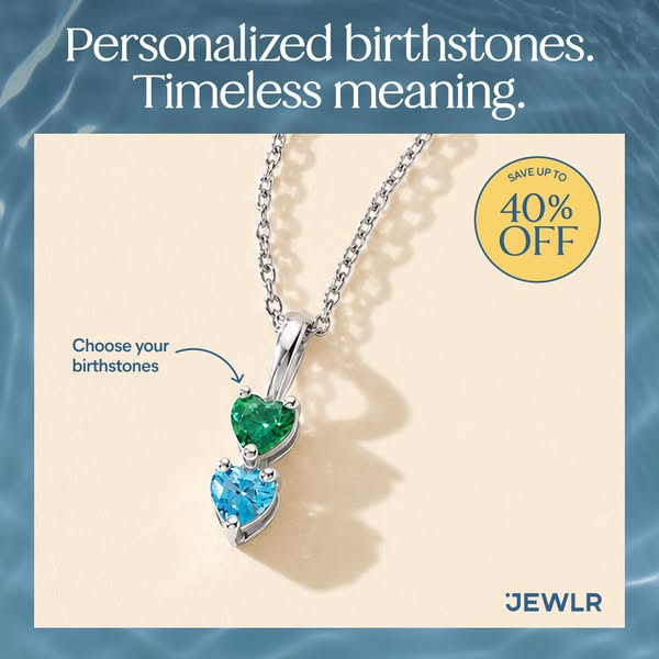 An ad for JEWLR featuring a birthstone necklace with a limited-time offer of up to 40% off. The necklace is displayed on