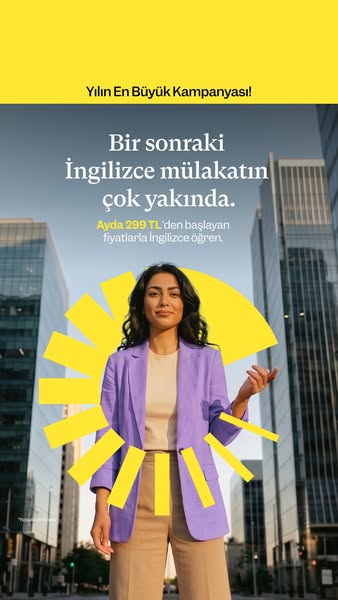 This ad promotes a service that prepares you for English language interviews, using a bright and modern visual design.