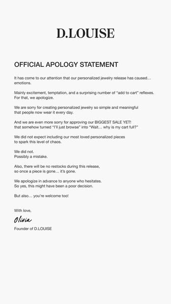 This image ad from D.LOUISE consists of an apology statement following the brand's jewelry release.