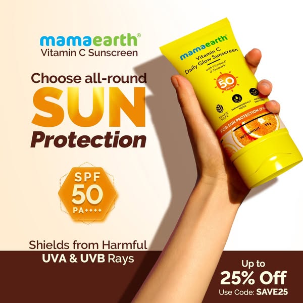 This image ad for Mamaearth Vitamin C Sunscreen highlights the product's all-around sun protection and offers a disc