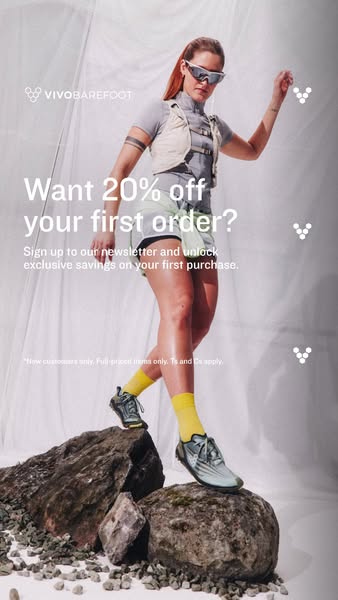 An ad from VivoBarefoot offers a 20% discount on the customer's first order if they sign up for the company's ne