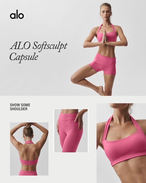 This ad showcases Alo Yoga's Softsculpt Capsule collection, emphasizing the fit and style of the activewear. Multipl