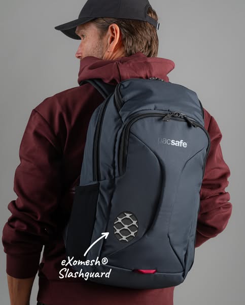 This ad showcases the Pacsafe backpack's features, specifically the eXomesh slashguard.