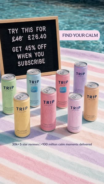 This image ad for TRIP CBD drinks features a variety of flavors in cans arranged on a striped blanket near a pool. The a