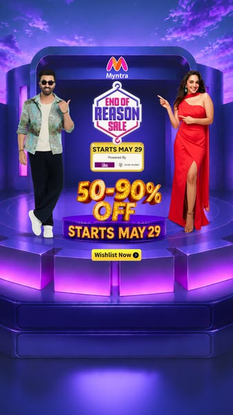 This ad for Myntra promotes their End of Season Sale with savings of 50-90% off and features two celebrities.