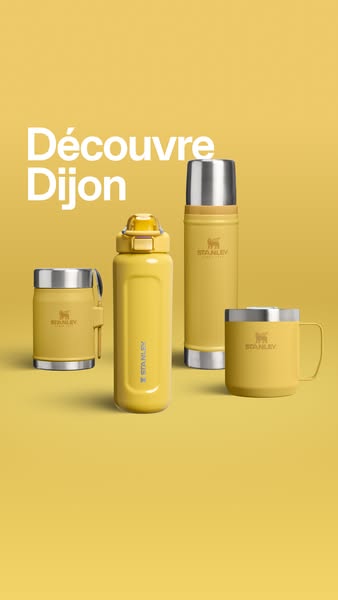 This ad showcases four Stanley brand products in the same color and a simple, matching background. The text overlay enco