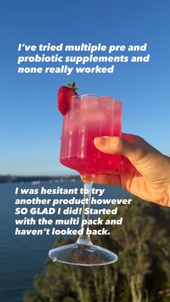 The ad features a customer testimonial about a pre and probiotic supplement, expressing initial skepticism followed by s