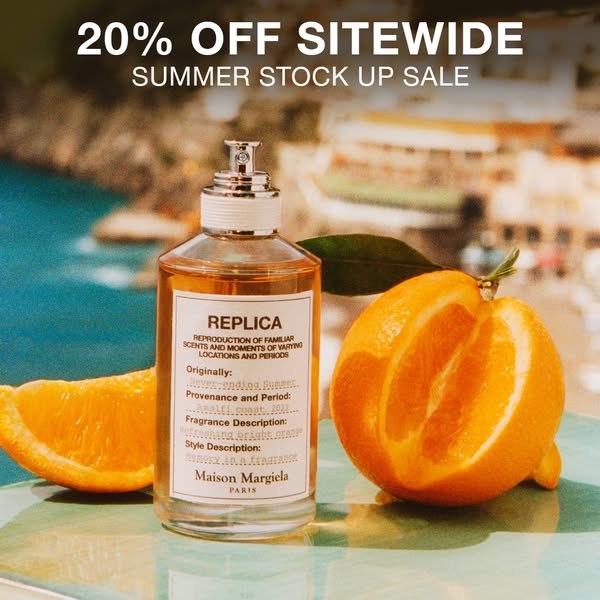 This image ad for Maison Margiela features their REPLICA fragrance, promoting a 20% off sitewide summer sale. The ad emp