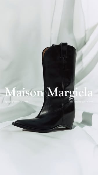 This ad is for Maison Margiela, showcasing a black cowboy boot from their Spring Summer 2025 collection.
