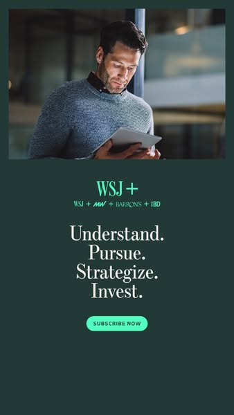 This ad from WSJ+ features an image of a man looking at a tablet. The text promotes understanding, pursuing, strategizin