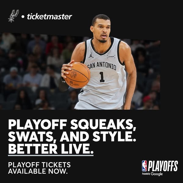 This is a Ticketmaster image ad promoting playoff tickets. The ad features a basketball player in a San Antonio Spurs je