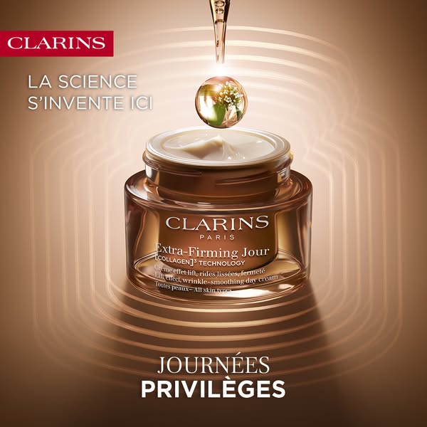This image ad for Clarins Extra-Firming Jour cream highlights its collagen technology, lifting and wrinkle-smoothing ben