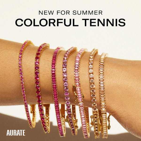 This ad showcases a collection of colorful tennis bracelets from Aurate, highlighting their new summer collection.