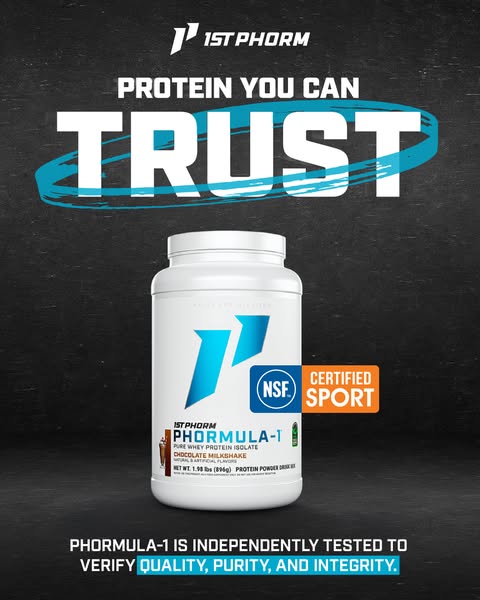 This ad showcases 1st Phorm's Phormula-1 protein powder, emphasizing its quality, purity, and integrity through inde