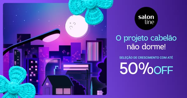 This image ad for Salon Line features a cityscape at night with a promotion of up to 50% off hair growth products, highl