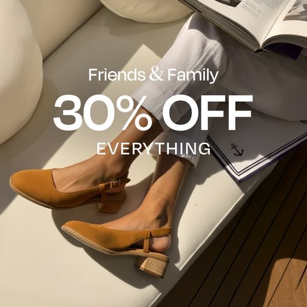 An ad showcasing shoes on a woman's feet, a book, and a flash sale.