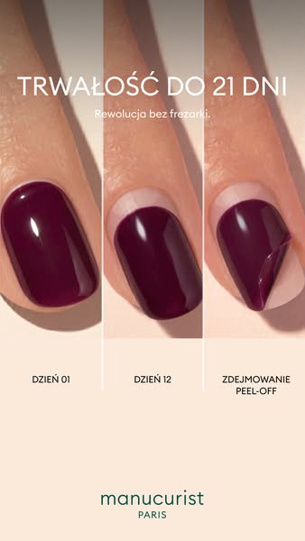 This image ad demonstrates the durability and easy removal of Manucurist nail polish. The ad features three close-up ima