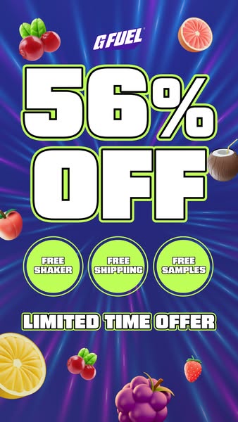 This image ad for G Fuel promotes a limited time offer of 56% off plus a free shaker, free shipping, and free samples. T