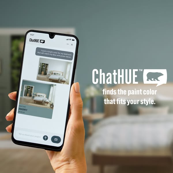 The ad shows a hand holding a smartphone, which displays a messaging app interface with the ChatHUE logo. The user input