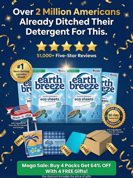 The ad promotes Earth Breeze eco sheets as a laundry detergent alternative, highlighting that over 2 million Americans h