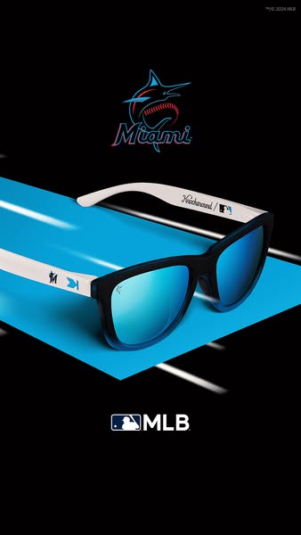 Image promoting Knockaround sunglasses in collaboration with MLB, featuring a pair of sunglasses with Miami Marlins colo