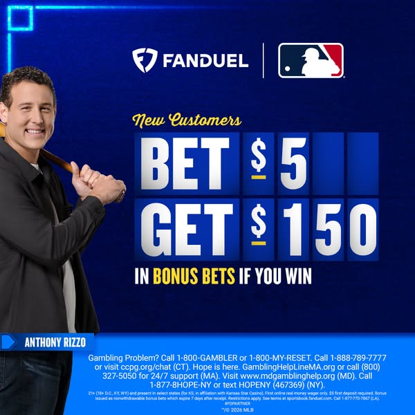 This image ad from Fanduel promotes a new customer offer: Bet $5, get $150 in bonus bets if you win.