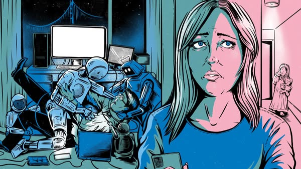 A digitally rendered illustration features a woman holding a phone looking sad, a man being held and caressed by robots,