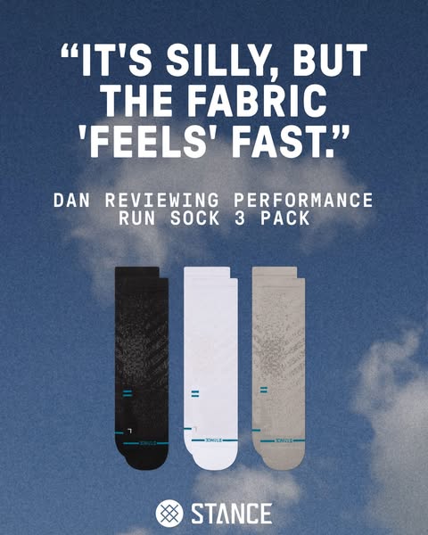 This ad features a testimonial from 'Dan' that the fabric of the performance running socks 'feels fast'.