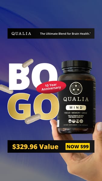 This ad promotes Qualia Mind brain health supplement by showcasing a BOGO deal to celebrate their 10 year anniversary.